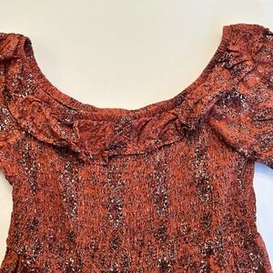 maurices Off Shoulder Smocked Peasant Top Rust Floral Print Short Sleeve Large